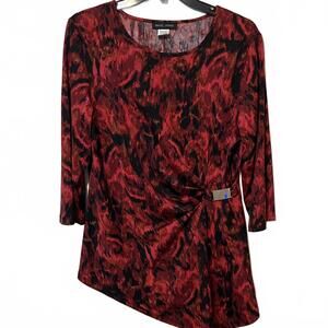 Mandy Evans Women's Red Black Rose Pattern 3/4 Sleeve Buckle Blouse Size Large